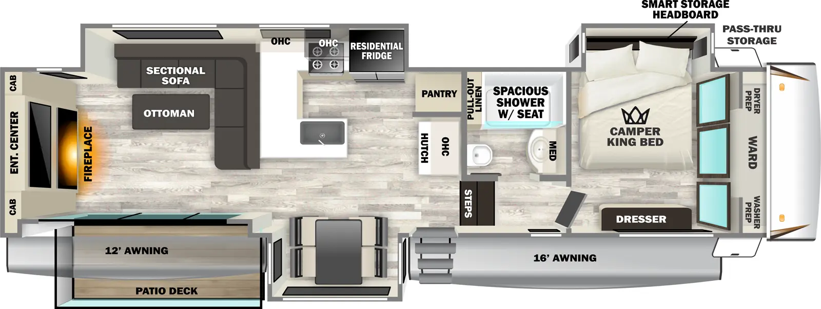 The Sabre 33RLP floorplan has one entry and three slide outs. Exterior features include: fiberglass exterior and 16' awning. Interiors features include: free-standing dinette option and front bedroom.